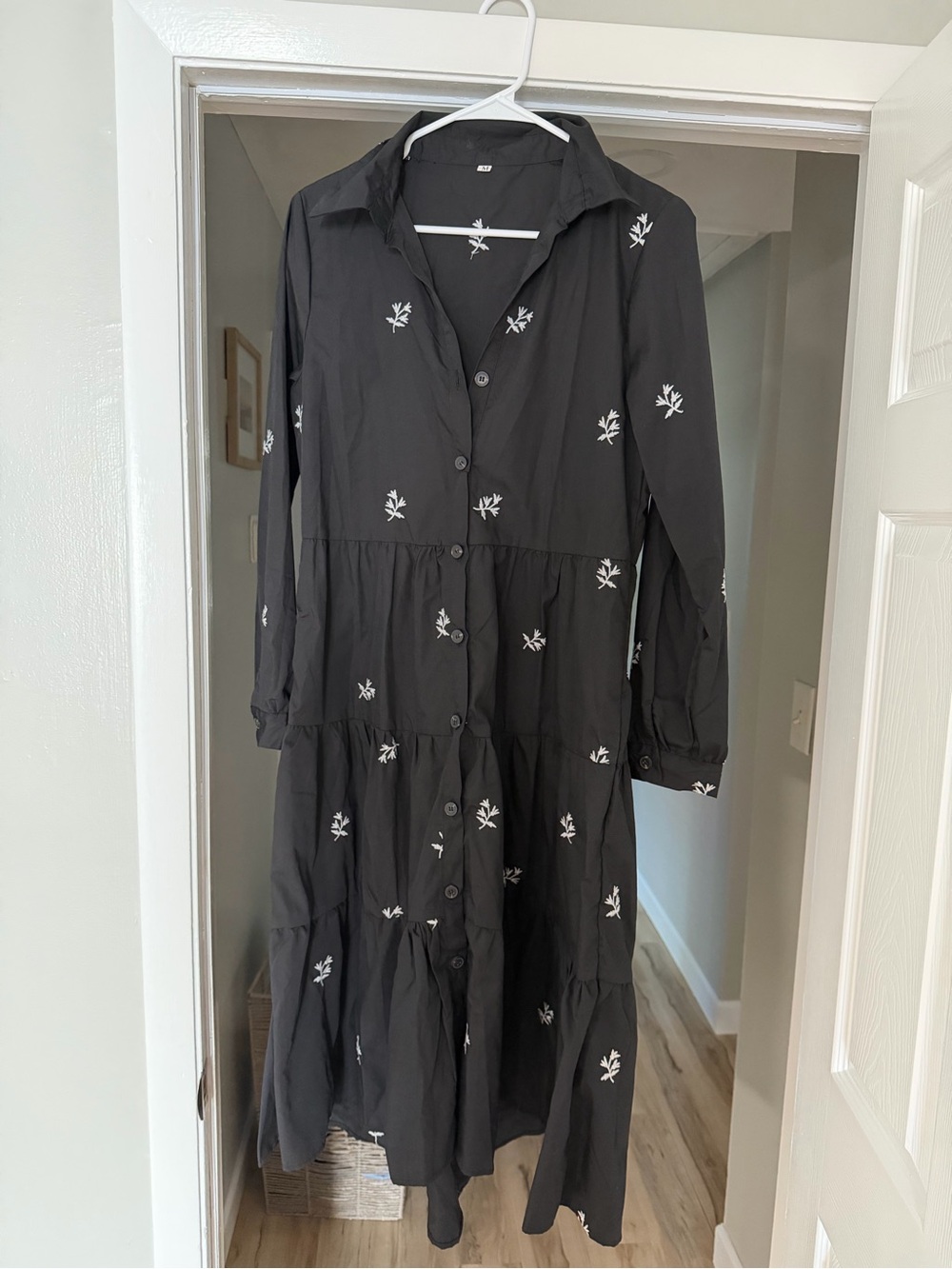 Black Button-Front Tiered Shirt Dress with White Embroidery